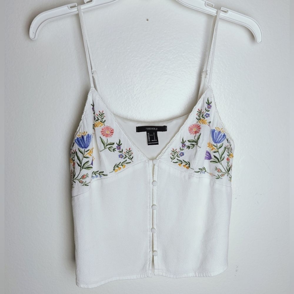 Forever 21 White Floral Embroidery Button Down Camisole Cami Tank Top, S